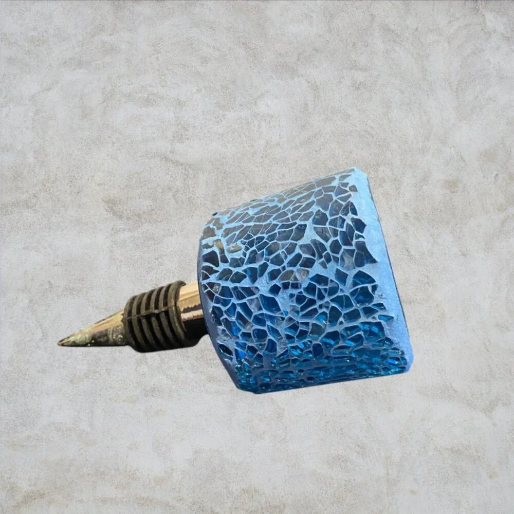 WINE STOPPER -- Unique Tea Light Holder, Blue Mosaic Glass, Fits Standard Bottle